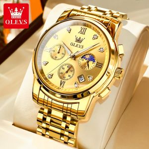 OLEVS original authentic men watch 2026 new waterproof luxury brand fashion casual diamond multifunctional calendar luminous sun and moon phase quartz stainless steel strap gift for boyfriend
