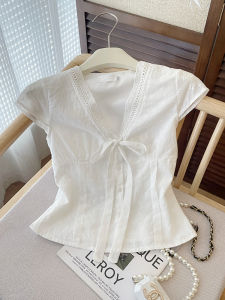 PAIBOLI | French Vintage Slim Fit Shirt Original Design White High End Feelings Womens Fashion Summer New Arrival Waist-Cinching Top