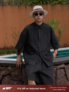 WPP Mens Washed Cotton Short Sleeve Shirt And Shorts Set Thin Pure Cotton Loose Fit Breathable Fashion Set Youth Summer