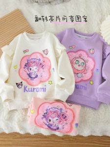 Autumn Winter Fleece Lined Shiny Kawaii Girls Sweatshirt Spring Summer Cotton Cartoon Print Regular Fit Hoodless Jacket