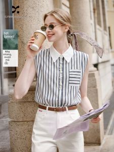 XIANGYING | Commuter Mandarin Collar Sleeveless Stripe Shirt Lightweight