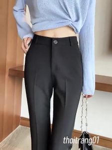 Quần ống loe cạp cao dáng dài 1 nút cài tôn dáng màu Đen - Quần tây ống loe lưng cao vải UmiVitex dày mềm đi học công sở [ Shop Phát Tài 90 ]