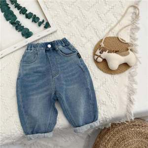 Childrens Autumn Winter New Style Fleece Lined Denim Jeans Elastic Casual Harlan Pants Baby Long Trousers for Boys And Girls