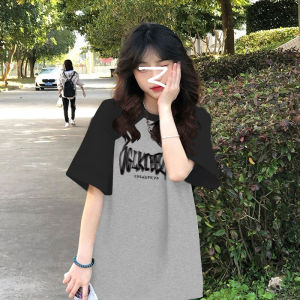 เสื้อยืดแขนสั้นผู้หญิงทรงหลวมสไตล์ลำลองสำหรับฤดูร้อน ผ้าฝ้ายผสมคอตตอนผสมสีบล็อกสีสันสดใส เสื้อผ้าทำงานสไตล์เกาหลี