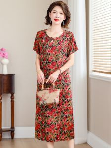 Elegant Mid-Late Age Womens Cotton Silk Qipao Dress Summer New Style Retro Print Gauze Fabric Short Sleeve A-Line Skirt