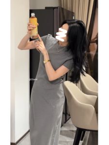 Casual Fashion Short Sleeve Dress for Women Solid Color Pure K-style Crewneck Pullover Mid to Long Length Waistline Clothing