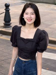 Womens Short-Sleeved T-shirt with Shoulder Summer Tight Waist French Tight Waist Western Temperament Tight Waist Short Puff Sleeves Square Collar Top