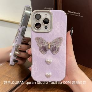 Purple Denim Butterfly Knot Pearl Protective Phone Case for iPhone 16 pro Max Womens Style 15 pro Max 14 pro Max Cute 13 pro Cover Anti-Fall