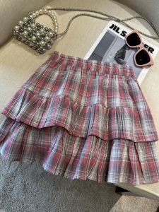 GUZILIAN | Sweet Retro Plaid Ruffle Hem Short Skirt Womens Summer New Korean Style College Age Reduction Puffy A-Line Mini Skirt