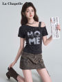 La Chapelle | Letter Print Off-Shoulder Slim Fit Short Tee. 