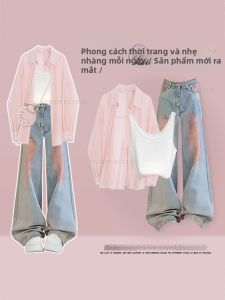NUMEN BUTTON | Bộ Thời Trang Mùa Hè Dopamine Áo Sơ Mi Dễ Thương Quần Jeans Rộng