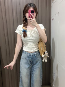 เสื้อยืดคอกลมแขนสั้นผู้หญิงฤดูร้อนทรงเข้ารูปพิมพ์ลายดอกไม้ ทรงเข้ารูป แขนสั้น คอกลม ทรงเข้ารูป เสื้อยืดผู้หญิง