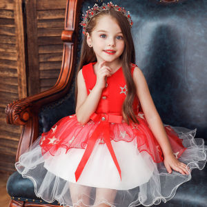 5 Color 6 Size Baby Girls Dress Bow Birthday Party Shiny Little Star Embroidery Layered Girls Dress Tutu Dress Girl Kids Clothes Girls Birthday Gift Wedding Party Girls Photoshoot Costume Age 2 3 4 5 6 7 8 9 10
