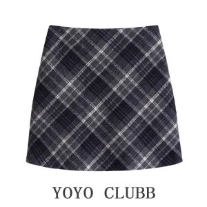 Áo Len Kẻ Caro Giả Hai Mảnh Cạp Cao YOYO CLUBB Bộ Váy Ngắn Thời Trang Cao Cấp Cho Nữ Mùa Đông 2024 Áo Len Dệt Kim Polyester