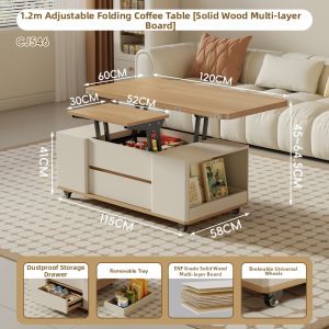 HETU | Cream Style Foldable Lift and Move Coffee Table
