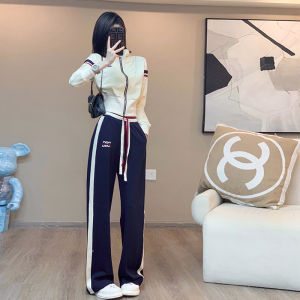 Spring Autumn Casual Fashion Set Womens Pure Color Short Waist Sweatshirt Wide Leg Pants Two Piece Set Youthful Style Cotton