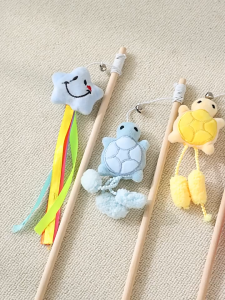 Feather Teaser Stick Interactive Cat Toy Self Play Wand Bell Plush Cartoon Wooden Training Alat Kucing