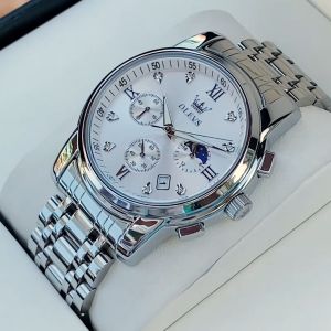 【resmi autentik】OLEVS jam tangan pria otomatis dewasa 2024 anti air mode mewah kalender bercahaya berlian dial tali jam baja tahan karat