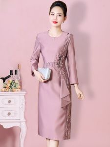 ฤดูใบไม้ร่วงใหม่ ชุดราตรีเจ้าสาวสง่างาม ชุดแต่งงานสำหรับคุณแม่ ชุดยาวคลุมเข่า วัสดุโพลีเอสเตอร์ คอกลม กระดุมเดียว