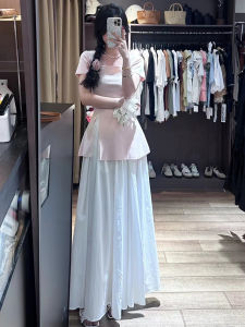 High Waist Slimming White Elastic Waist Skirt Womens Long Summer Design Sense Niche Pleated Skirt High-Grade Long dress