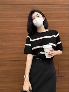 Shoulder Ice Silk Stripes Short Sleeve T-Shirt Womens Summer French Chic Unique Stylish Niche Style Short Knitting Tops