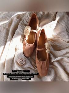 Retro Handmade Shoes with Dried Rose Design Chinese Style Flat Heel Square Head Fairy Shoes Fashionable Mary Jane Shoes for Women