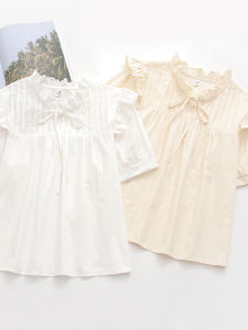 Sweet Style Floral Lace Collar Short Sleeve Shirt Womens Versatile Top Retro Fresh Summer New Arrival Cotton Straight Cut Shirt