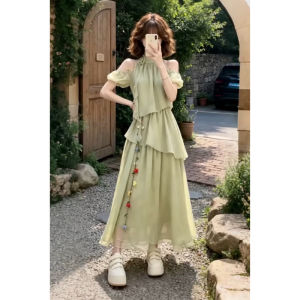 LIRENQING | Green Off-Shoulder Halter Long Dress