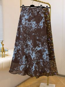 SHIMANQING | High-quality Dyeing Printed Mesh Patchwork High-waist Maxi A-line Fish Tail Skirt
