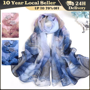 Lotus Print Chiffon Scarf Fashionable Lightweight Neck Scarf for Women Summer Neck Sun Protection Silk Scarf Shawl 150*50cm