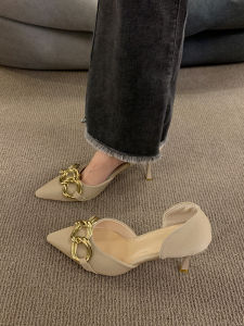 Fashionable French Pointed Toe High Heels Womens Shoes Spring 2024 Nude Thin Heel Metal Buckle mid Hollow Single Shoes