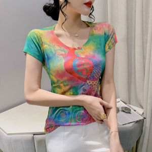 REHIN Womens top Summer new fashion unique print short-sleeved T-shirt cotton bottoming shirt S-3XL slim fit blouse