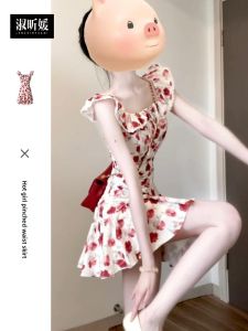 SUSIEYUAN | Summer Unique Beautiful Floral Halter Neck Tie Waist Dress Womens A-Line Skirt Style Sweet High Waist Polyester Fiber Dress