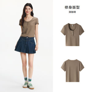 Áo Thun Tay Ngắn Semir Dành Cho Nữ Dáng Ôm Cổ Henry Ngắn Màu Trơn Mùa Hè 2025 Áo Thun Cotton Co Giãn Thường Ngày