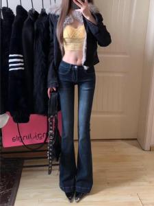 Extended Length Low Waist Bell Bottom Jeans Womens Autumn Winter Slimming High Raising Deep Blue Denim Pants Floor Length