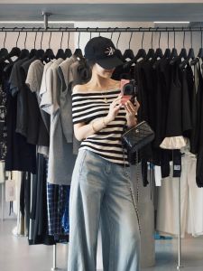 Off-shoulder Striped Knit T-shirt