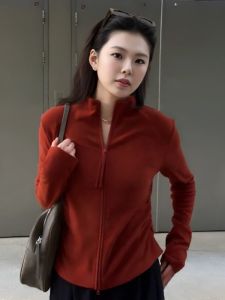 Zipper Front Long Sleeve Stand Collar Fleece Lined Womens T-Shirt Korean Style Slim Fit Spring Autumn Fashion Commute Wear