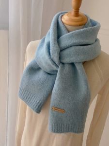 Korean Style Long Soft Knitted Wool Scarf for Women Anti-Aging Light Blue Winter Warmth Rectangular Shape Student Youth Adult