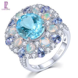 Lohaspie Jewelry Pure 8 Carats Ring Silver 925 Original Natural Sky Blue Topaz Opal Ring 925 Silver Ring With Stone Blue Topaz Ring Silver Opal Stone Original Women Fashion Ring Jewelry