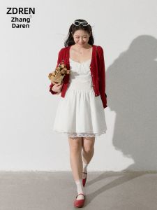 ZHANGDAREN | Bộ Đồ Dài Cho Phụ Nữ Giảm Cân Áo Cardigan và Đầm Ren Đỏ