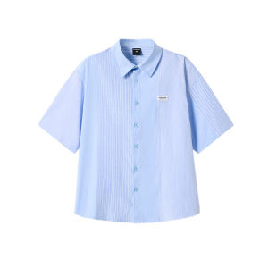 Loose Fit Oxford Cloth Stripe Patchwork Short Sleeve Mens Shirt Summer Fashion Casual Large Size Square Collar Single Button