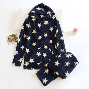 ชุดนอนผ้าคอรัลฟลีซผู้หญิงสไตล์ญี่ปุ่นสำหรับฤดูใบไม้ร่วงและฤดูหนาวชุดใส่ในบ้านสวยหวานใส่ออกไปข้างนอกได้ให้ความอบอุ่นเพิ่มความหนาลายจุดแบบซิปรูดมีฮู้ด