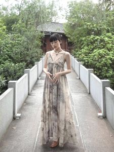 New Chinese Style Cotton Linen Dyed Dress V Neck Long Skirt Vintage Bohemian Backless a Line Gown for Young Women 18-29