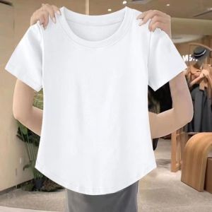 Womens Pure Cotton Short Sleeve T-Shirt Summer New Fashion Loose Design Sense Arc Bottom Hem Top Korean Style round Neck