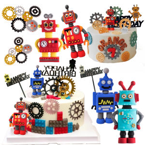Robots Gear Cake Toppers Interactive Robot Decor Happy Birthday Boys Party Cupcake DIY Robot Theme Decorations Party Supplies