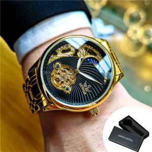 AOKULASIC | AOKULASIC Luxury Mechanical Watch for Men Gold Tourbillon Skeleton Automatic Watches Stainless Steel Strap Business Wristwatches