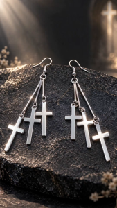 [SG] Trinity Triple Silver Cross Earrings | 3 Layered Cross Dangle Earrings | Long Silver-Tone Drop Earrings | Glam Fashion Jewellery | Elegant Evening Party Wear | ear me out (EMO-384)