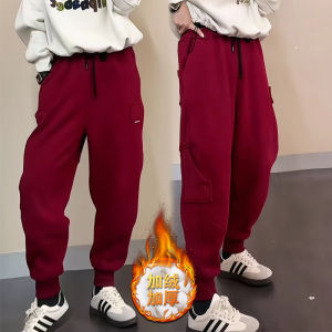 กางเกงกีฬาลำลองสำหรับผู้หญิง ฤดูใบไม้ร่วง/ฤดูหนาว กางเกงขายาวทรงฮาราจูกุแบบมีกระเป๋า กางเกงขายาวบุขนแกะหนา ทรงหลวม กางเกงขายาว