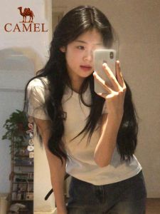 คอกลมคอกลมแขนสั้นระบายอากาศ เสื้อยืดผู้หญิง เสื้อกีฬาลำลองฤดูร้อน - Camel