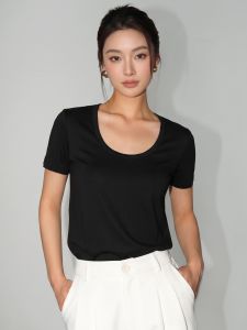 Basic House | Black Silk Blend U-Neck Short Sleeve Breathable Summer Womens T-Shirt